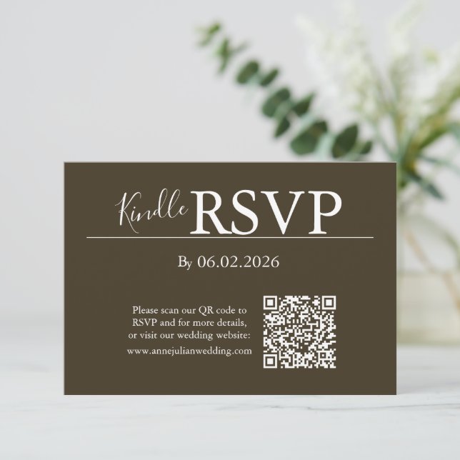 Carte de code QR RSVP marron pour mariage moderne (Debout devant)