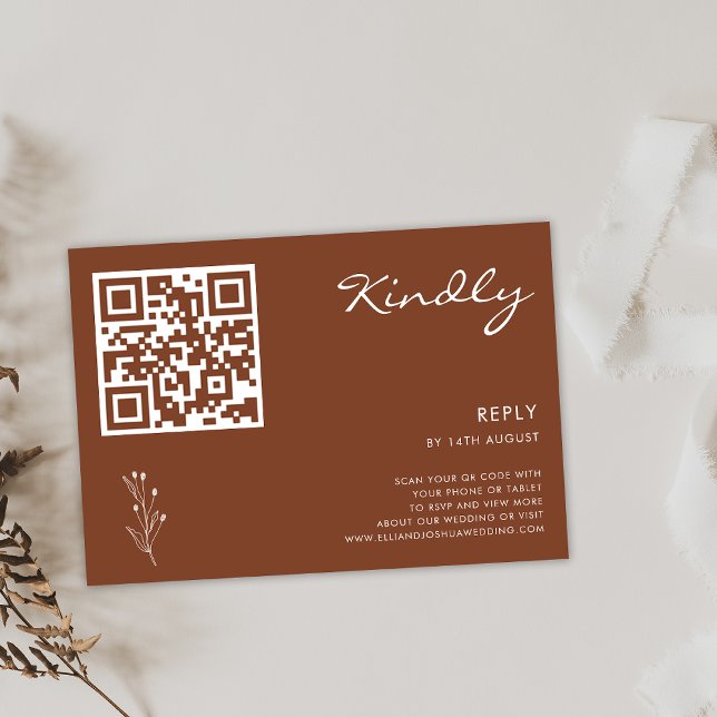 Carte de code RSVP QR en terre cuite moderne minim (Modern Minimalist Terracotta RSVP Card with QR Code, Wedding Kindly Reply Card Terracotta QR Code)