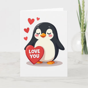 Carte de cœur d'amour de manchot mignon