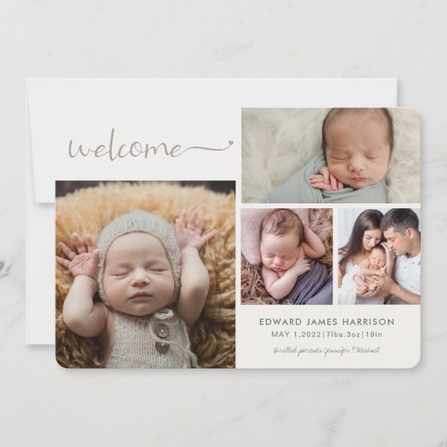 Carte de Collage Photo d'Annonce de Bébé Blanc Dou (Devant)