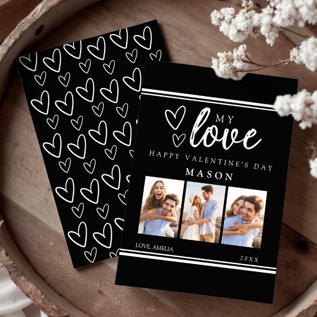 Carte de Collage Photo Moderne de la Saint-Valenti (Modern Black and White Hand Drawn Hearts Photo Collage Happy Valentine's Day Card)