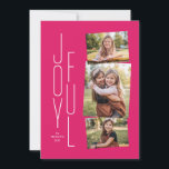 Carte de collage photo rose joyeux<br><div class="desc">Un traitement moderne empilé joyeux de type se trouve à côté d'un collage de trois photos sur un arrière - plan rose tendance. Le support de coordination rayé est une couleur correspondante. Cette carte de vacances est la façon idéale d'envoyer des voeux de Noël heureux.</div>