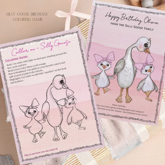 Carte de coloriage pour anniversaire de Silly Goos (Silly Goose Birthday Coloring Game Pink Bow Card)