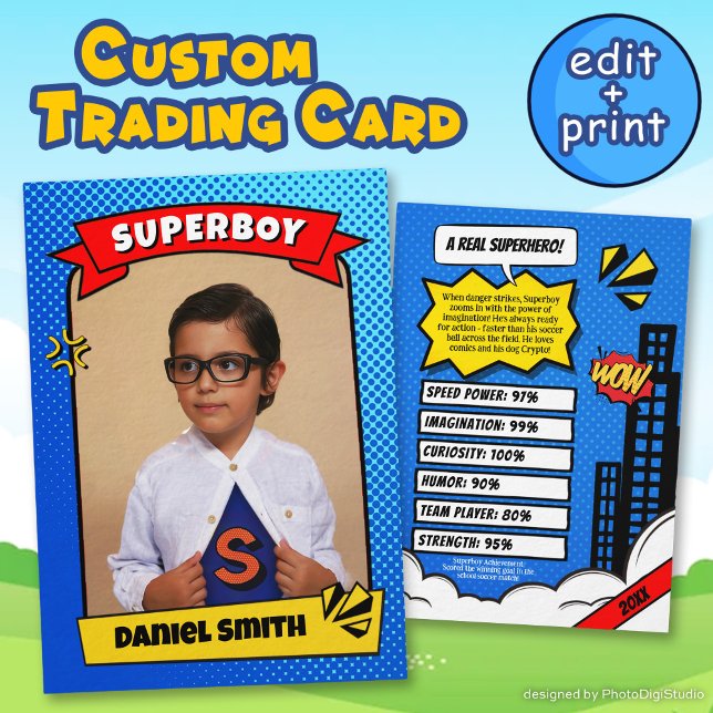 Carte de commerce de bandes dessinées personnalisé (Superhero Custom Comic Trading Card for Boy Gift)
