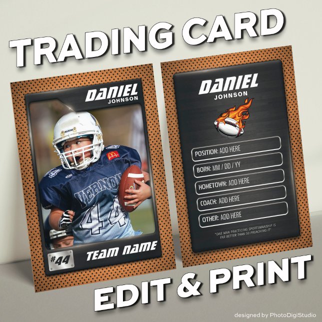 Carte de commerce de football personnalisée, carte (Custom Football Trading Card, Player Profile Card, Silver Orange Trading Card Personalized Card)