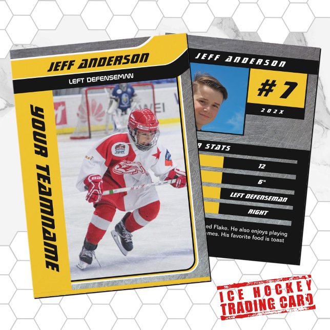 Carte de commerce de hockey sur glace en métal jau (Hockey Trading Card with custom team name and hockey player name in Yellow and Black)