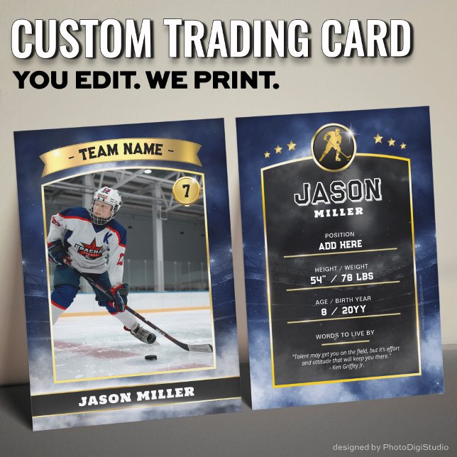 Carte de commerce de hockey sur glace personnalisé (Custom Trading Card, Editable Ice Hockey Trading Card, Modern Blue Gold Stadium Design)