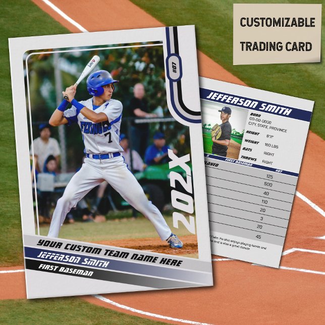 Carte de commerce du joueur de baseball Custom Blu (Baseball Player Trading Card in Light Grey with Custom Team Name and Blue and Black Elements)