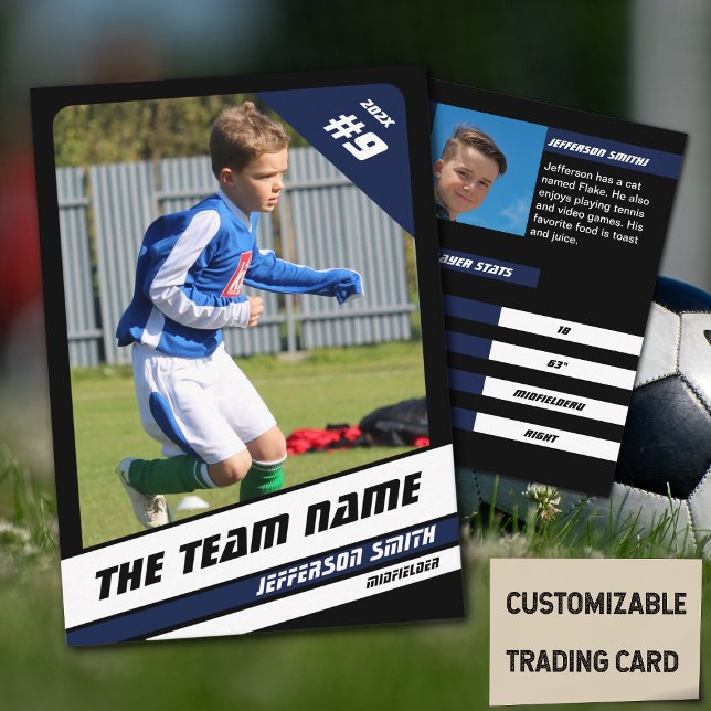 Carte de commerce joueur de football en bleu vif n (Soccer Player Trading Card in Black with Custom Team Name and Vibrant Blue White Elements)
