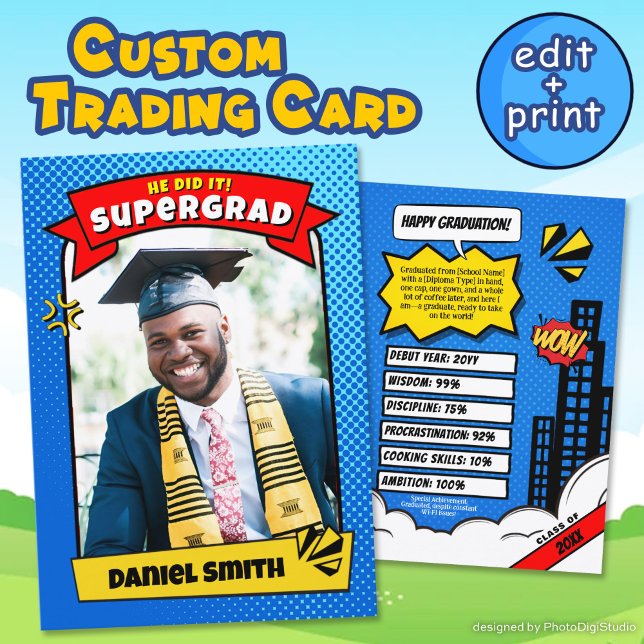 Carte de commerce pour diplômés modifiable, bande  (Editable Graduate Trading Card, Super Grad Comic Announcement Card)