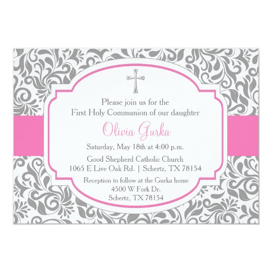Carte De Communion De Filles Roses De Damasse Zazzle Fr Carte De Communion De Filles Roses De Damasse Zazzle Fr