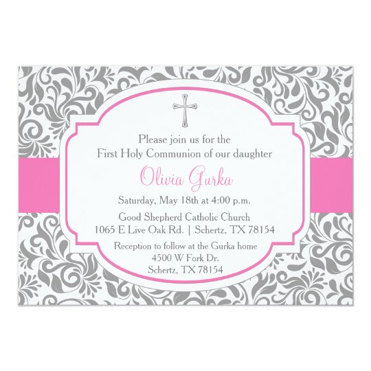 Carte De Communion De Filles Roses De Damasse Zazzle Fr