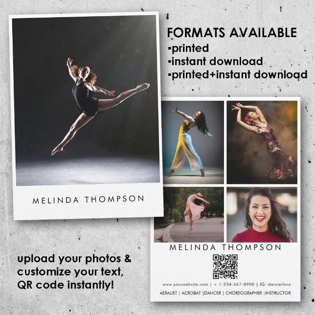 Carte de composite de danseur chorégraphe 5 Photo  (Dancer Choreographer Comp Card 5 Photo QR Code)