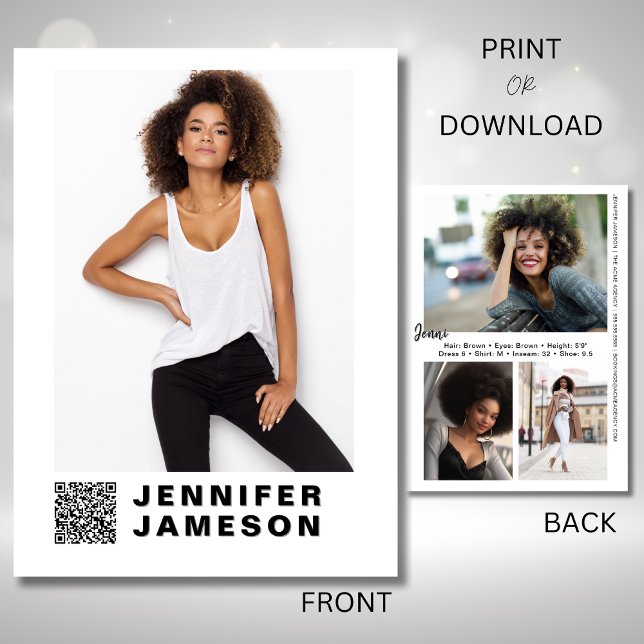 Carte de composite modèle de signature | Code QR + (Elevate your model brand with comp cards featuring a QR code, and signature element on the back)
