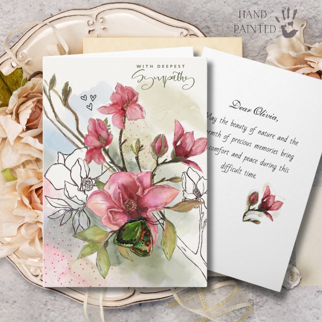 Carte de condoléances à l'aquarelle Magnolia Rouge (Watercolor Red Magnolia and Butterfly Sympathy Card)