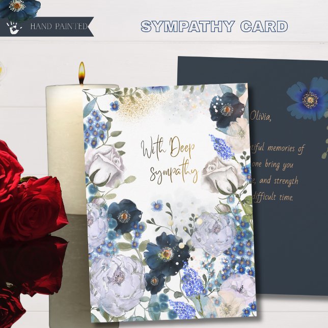 Carte de condoléances à motif floral Navy et Or en (Deep Navy and Gold Floral Watercolor Sympathy Card)