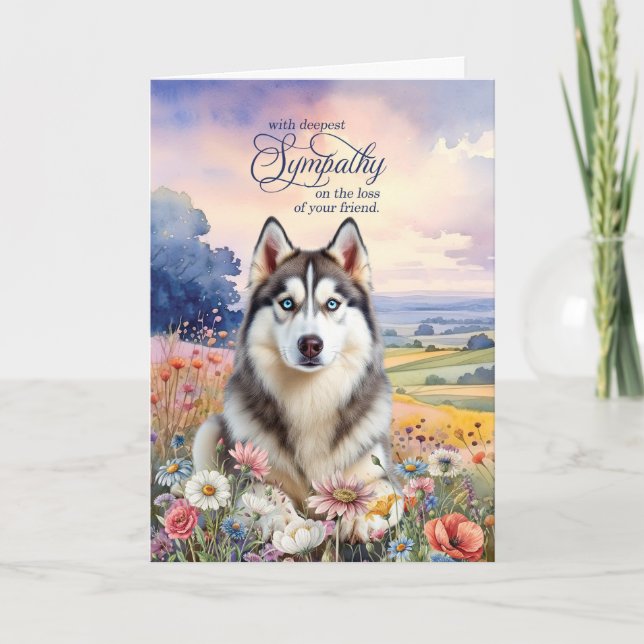 Carte de condoléances pour un husky dans un champ  (Devant)