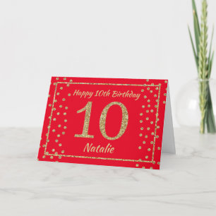 Carte de confettis pailletés rouge et or pour 10èm
