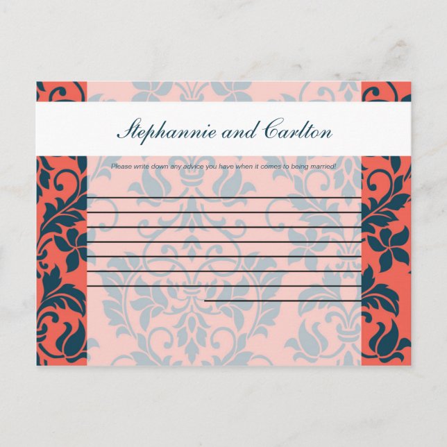 Carte de conseil écrit Navy et Coral Mariage damas (Devant)