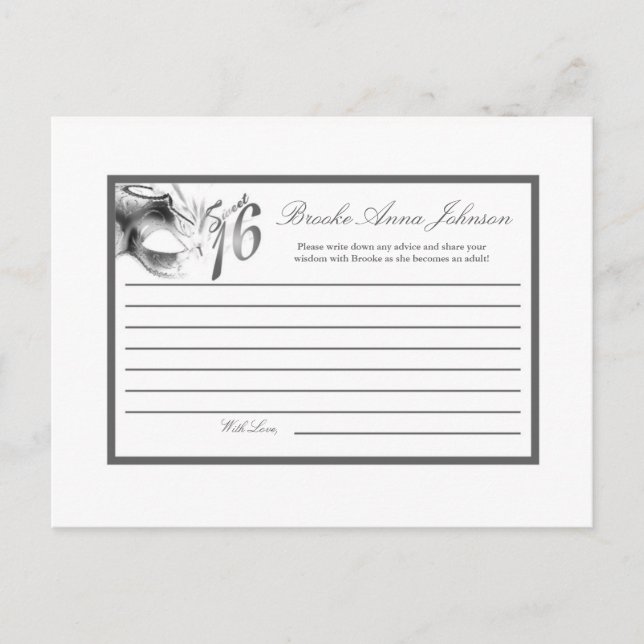 Carte de conseil écrit Sweet 16 Silver White Party (Devant)