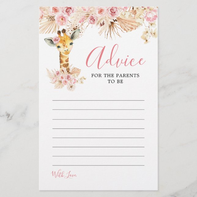 Carte de conseil en Baby shower de girafe Boho Ros (Devant)