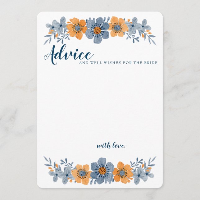 Carte de conseil Mariage à fleurs bleues et orange (Devant)