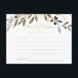 Carte de conseil Mariage de automne Gold Green<br><div class="desc">Cette carte de conseil mariage de automne de verdure dorée est parfaite pour une mariage moderne. Le design présente un charmant feuillage artistique vert et or. Ces cartes sont parfaites pour un mariage, une douche nuptiale, un baby shower, une fête de remise de diplômes et plus encore. Personnalisez les cartes...</div>