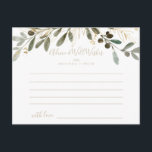 Carte de conseil Mariage de automne Gold Green<br><div class="desc">Cette carte de conseil mariage de automne de verdure dorée est parfaite pour une mariage moderne. Le design présente un charmant feuillage artistique vert et or. Ces cartes sont parfaites pour un mariage, une douche nuptiale, un baby shower, une fête de remise de diplômes et plus encore. Personnalisez les cartes...</div>