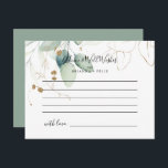 Carte de conseils de mariage à calligraphie d'euca<br><div class="desc">Cette carte de conseils de mariage à calligraphie d'eucalyptus doré est parfaite pour un mariage rustique. Ce design artistique présente un feuillage doré et vert peint à la main à l'aquarelle, inspirant une beauté naturelle. Ces cartes sont parfaites pour un mariage, une fête prénatale, une baby shower, une fête de...</div>