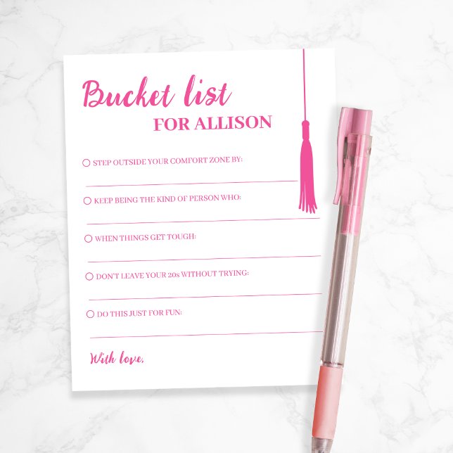 Carte de conseils de remise de diplôme rose Bucket (Bucket List Pink Graduation Advice Tassel Card)