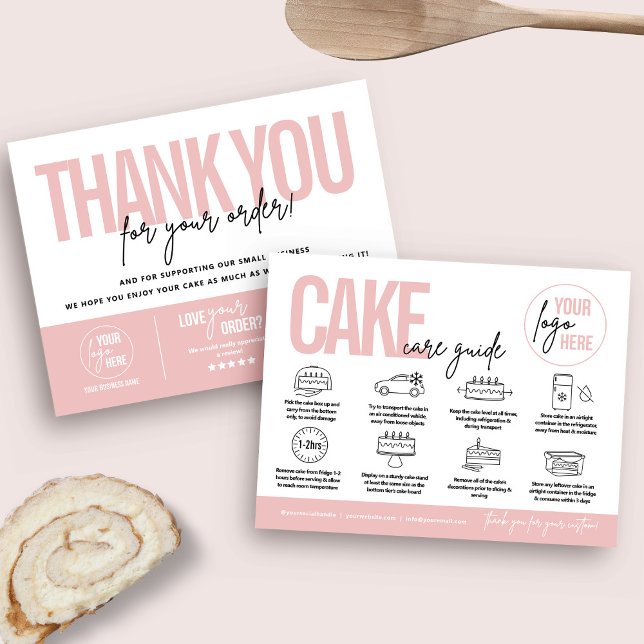 Carte de conseils de soin de gâteau, instructions  (Pink feminine cake care card and business thank you card)
