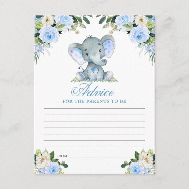 Carte de conseils éléphant floral bleu Baby Shower (Devant)