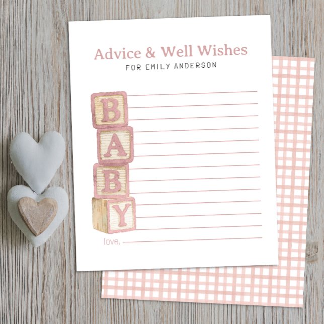 Carte de conseils et de vœux pour bébé rose poudré (Advice & Well Wishes Baby Shower Activity)