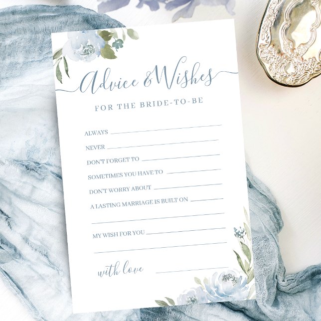 Carte de conseils et vœux de mariage à fleurs bleu (Dusty blue floral wedding advice & wishes card)