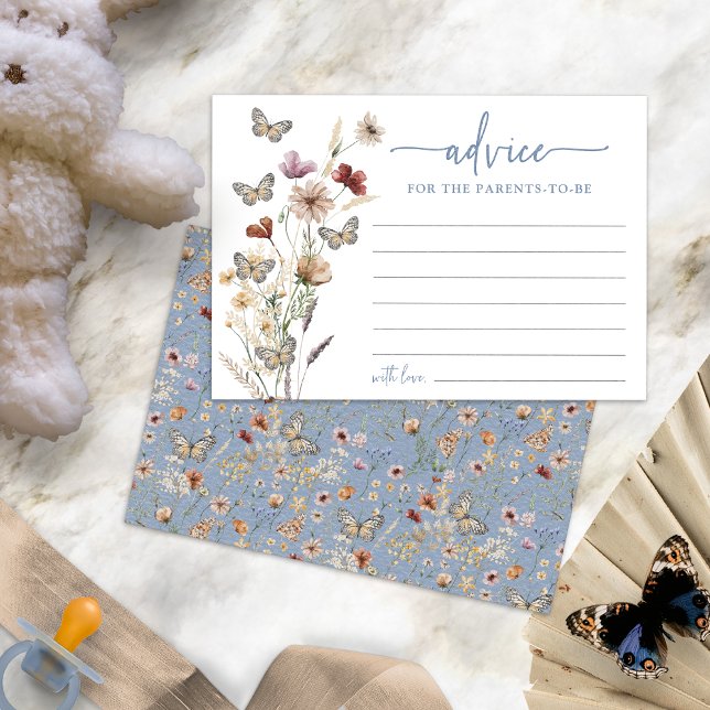 Carte de conseils Fleur sauvage bohème bleue (Dusty Blue Boho Wildflower Advice Card with Butterflies by Painted Paperie)