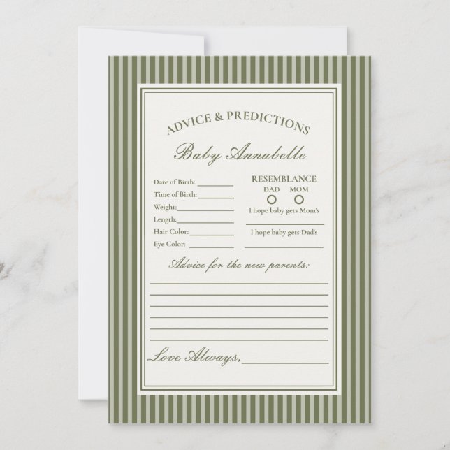 Carte de conseils pour bébé rayée verte Martini Ol (Devant)