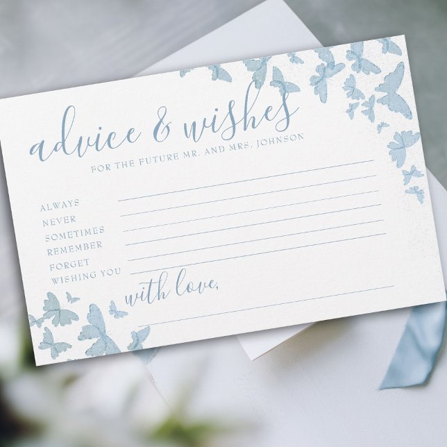 Carte de conseils pour mariage Mr Mme papillons bl (butterfly bridal shower game advice and wishes for mr and mrs dusty blue romantic elegant)