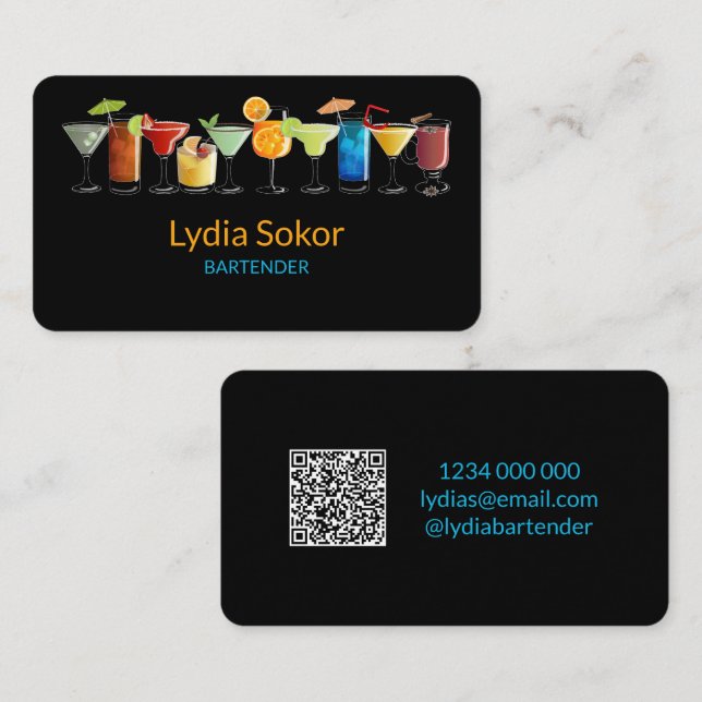 Carte de contact Black QR Bartender moderne (Devant / Derrière)
