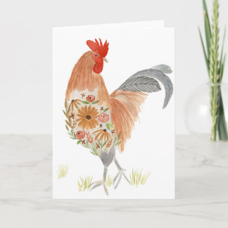 Carte de coq floral Aquarelle Cute