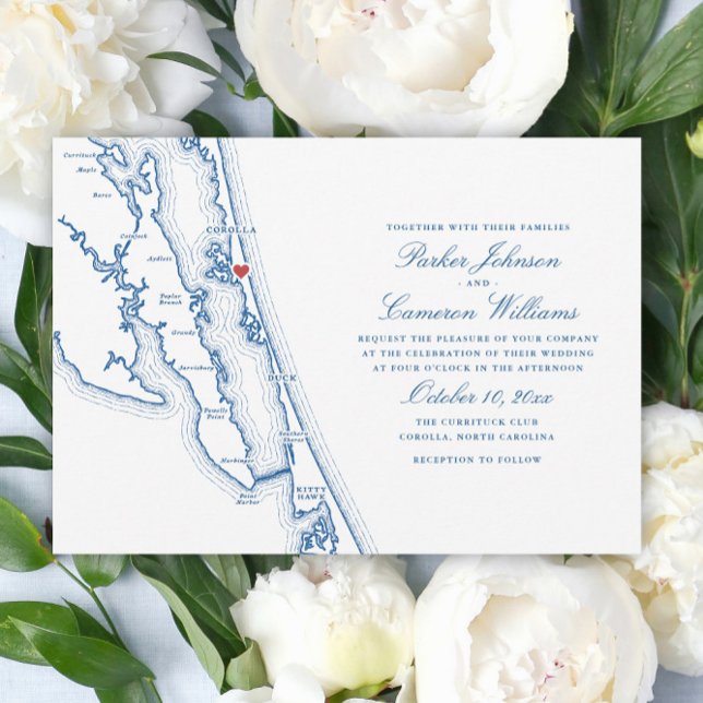 Carte de Corolla NC Élégante Bleu Nuit Mariage (Corolla NC Map Outer Banks Wedding Invitation in Elegant Navy Blue by Coastal Map Designs)