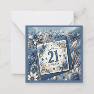 Carte De Correspondance 21e Anniversaire crème bleu fleur amande