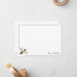 Carte De Correspondance Abeille Simple Bordure Blanc Noir Nom Jaune
