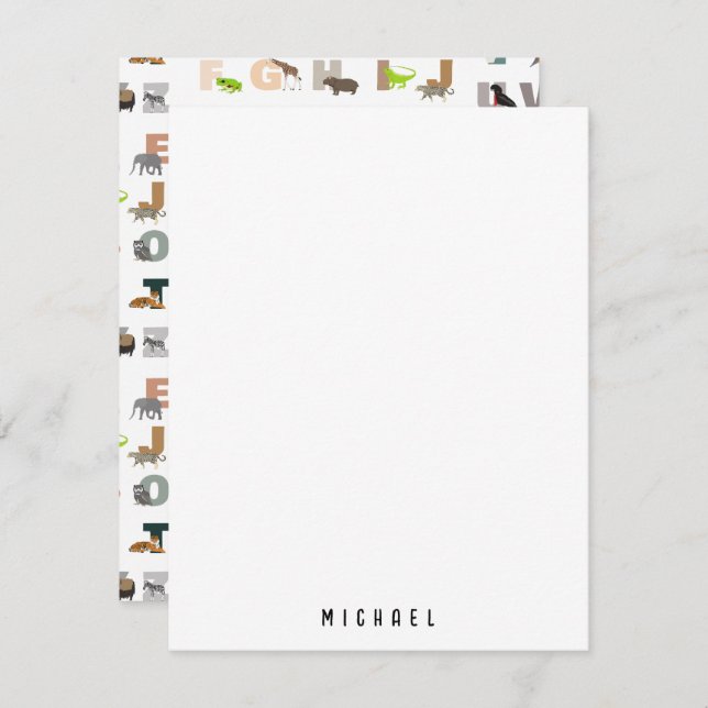 Carte De Correspondance Alphabet Douillet ABC Animaux Nom Personnalisé Éco (Devant / Derrière)