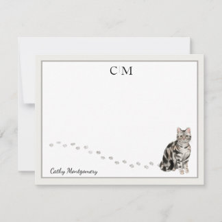 Carte De Correspondance American Short Hair Cat Grey Frame Monogramme Nom