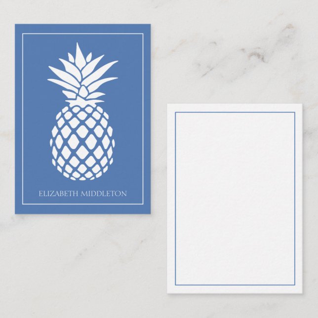 Carte De Correspondance Ananas blanc chic sur fond bleu (Devant / Derrière)