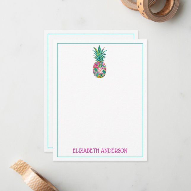 Carte De Correspondance Ananas tropical rose et vert (Devant/Arrière en situation)