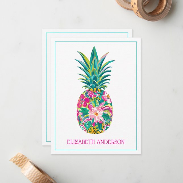 Carte De Correspondance Ananas tropical rose et vert (Devant/Arrière en situation)