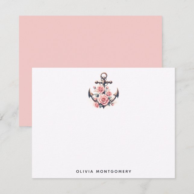 Carte De Correspondance Ancre rose Roses Nautique personnelle (Devant / Derrière)