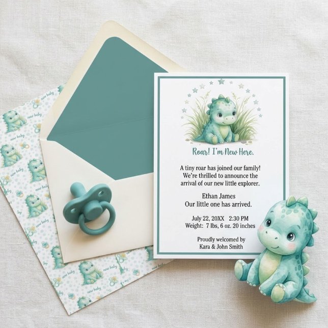 Carte De Correspondance Annonce de naissance de bébé Stegosaurus sarcelle ( Create a sweet and celebratory birth announcement for your baby boy featuring an adorable teal steg)