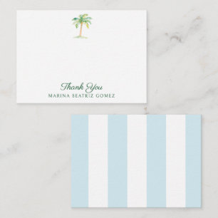 Carte De Correspondance Aqua Blue Cabana Stripes Palm Tree Merci